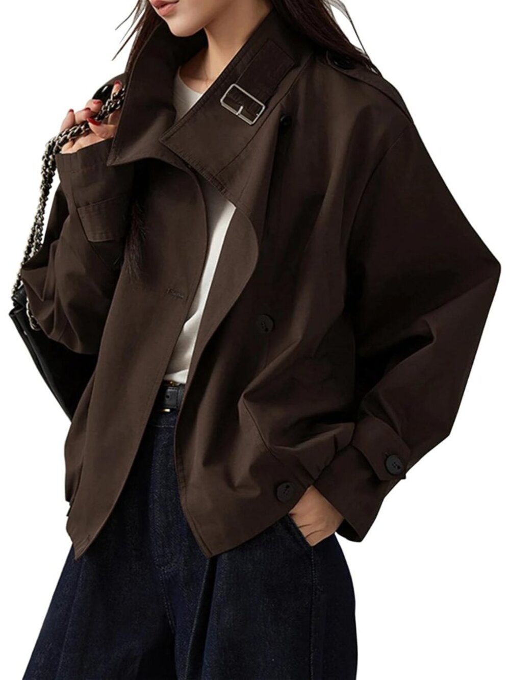 Women’s Brown Funnel Neck Vintage Cropped Jacket Elastic Hem Trench Coat